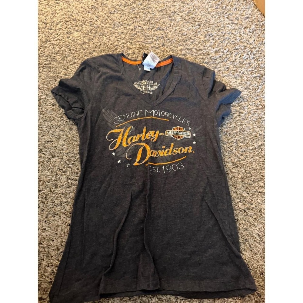 Harley Davidson Womens V-Neck Graphic T-Shirt Gray Short Sleeve Studded Size S